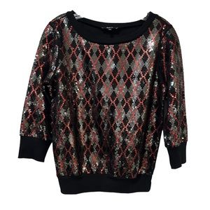 Express Harlequin Argyle Pattern Sequin 3/4 Length Sleeve Top Size S